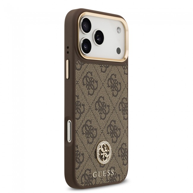 Apple iPhone 17 Pro Max Kılıf Guess Orjinal Lisanslı M-safe Şarj Özellikli Gold Metal Kamera Çerçeveli Taşlı 4G Logolu Kapak