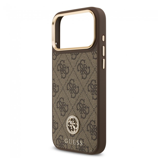 Apple iPhone 17 Pro Max Kılıf Guess Orjinal Lisanslı M-safe Şarj Özellikli Gold Metal Kamera Çerçeveli Taşlı 4G Logolu Kapak