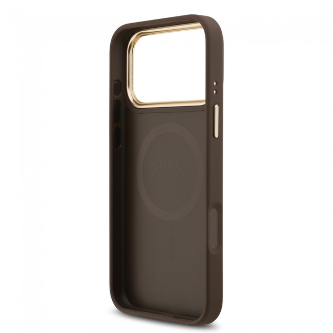 Apple iPhone 17 Pro Max Kılıf Guess Orjinal Lisanslı M-safe Şarj Özellikli Gold Metal Kamera Çerçeveli Taşlı 4G Logolu Kapak