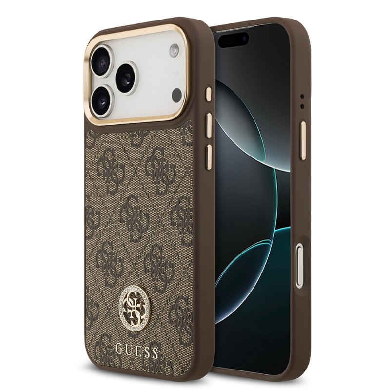 Bal-z Apple iPhone 17 Pro Max Kılıf Guess Orjinal Lisanslı M-safe Şarj Özellikli Gold Metal Kamera Çerçeveli Taşlı 4G Logolu Kapak