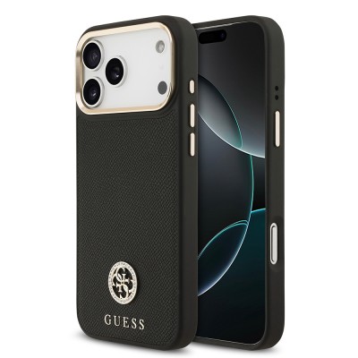 Bal-z Apple iPhone 17 Pro Max Kılıf Guess Orjinal Lisanslı M-safe Şarj Özellikli Grained Yazı ve Taşlı 4G Logolu Kapak