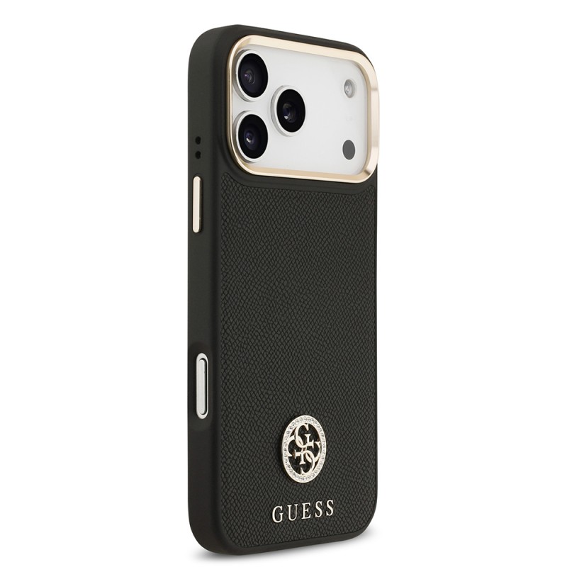 Bal-z Apple iPhone 17 Pro Max Kılıf Guess Orjinal Lisanslı M-safe Şarj Özellikli Grained Yazı ve Taşlı 4G Logolu Kapak