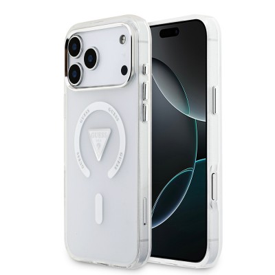 Bal-z Apple iPhone 17 Pro Max Kılıf Guess Orjinal Lisanslı M-safe Şarj Özellikli IML Baskılı Üçgen Logolu Metal Kamera Çerçeveli Kapak