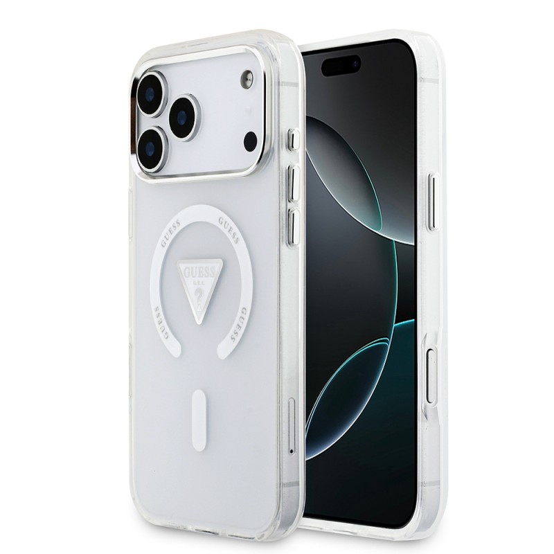 Bal-z Apple iPhone 17 Pro Max Kılıf Guess Orjinal Lisanslı M-safe Şarj Özellikli IML Baskılı Üçgen Logolu Metal Kamera Çerçeveli Kapak