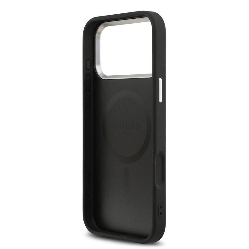 Bal-z Apple iPhone 17 Pro Max Kılıf Guess Orjinal Lisanslı M-safe Şarj Özellikli PU Deri Metal Kamera Çerçeveli Üçgen Logolu Kapak