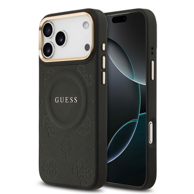 Bal-z Apple iPhone 17 Pro Max Kılıf Guess Orjinal Lisanslı M-safe Şarj Özellikli Sıcak Baskılı Yazı Logolu PU Deri Peony Kapak