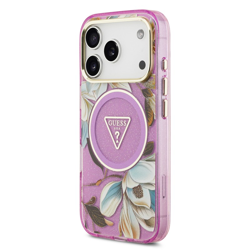 Bal-z Apple iPhone 17 Pro Max Kılıf Guess Orjinal Lisanslı M-safe Şarj Özellikli Simli Çiçek Desenli Metal Kamera Çerçeveli Üçgen Logolu Kapak