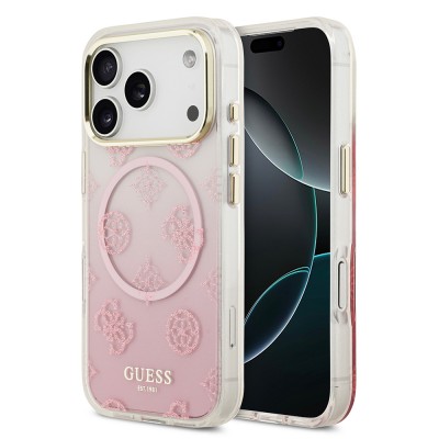 Bal-z Apple iPhone 17 Pro Max Kılıf Guess Orjinal Lisanslı M-safe Şarj Özellikli Simli Peony Desenli Silikon Kapak