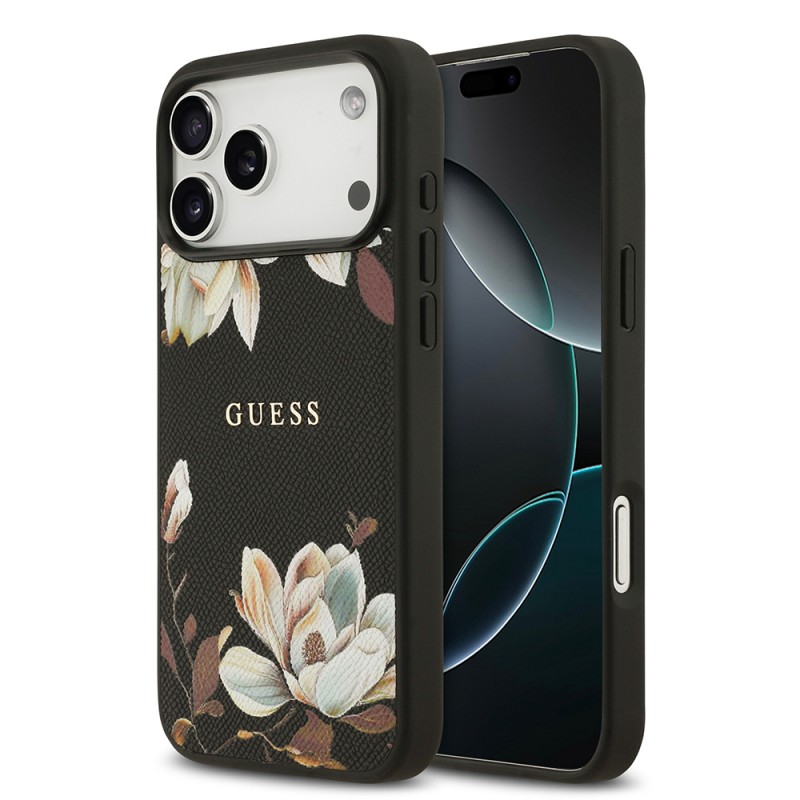 Bal-z Apple iPhone 17 Pro Max Kılıf Guess Orjinal Lisanslı M-safe Şarj Özellikli Taneli Çiçek Tasarımlı Metal Yazı Logolu Kapak