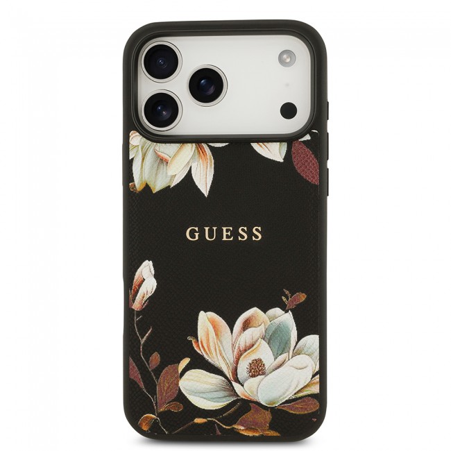 Apple iPhone 17 Pro Max Kılıf Guess Orjinal Lisanslı M-safe Şarj Özellikli Taneli Çiçek Tasarımlı Metal Yazı Logolu Kapak Apple iPhone 17 Pro Max Kılıf Guess Orjinal Lisanslı M-safe Şarj Özellikli Taneli Çiçek Tasarımlı Metal Yazı Logolu Kapak