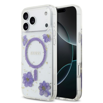 Bal-z Apple iPhone 17 Pro Max Kılıf Guess Orjinal Lisanslı M-safe Şarj Özellikli Transparan Resin Flowers Kapak