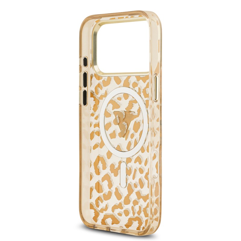 Bal-z Apple iPhone 17 Pro Max Kılıf Guess Orjinal Lisanslı M-safe Şarj Özellikli Üçgen Logolu Simli Leopar Desenli Kapak