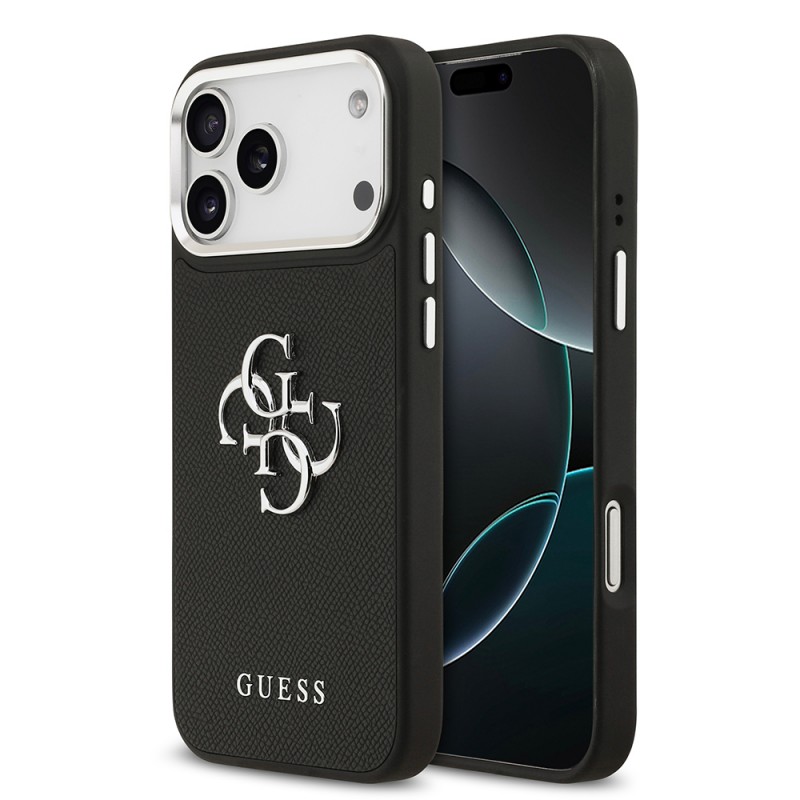 Bal-z Apple iPhone 17 Pro Max Kılıf Guess Orjinal Lisanslı Metal Kamera Çerçeveli Metal Büyük 4G ve Yazı Logolu PU Deri Kapak