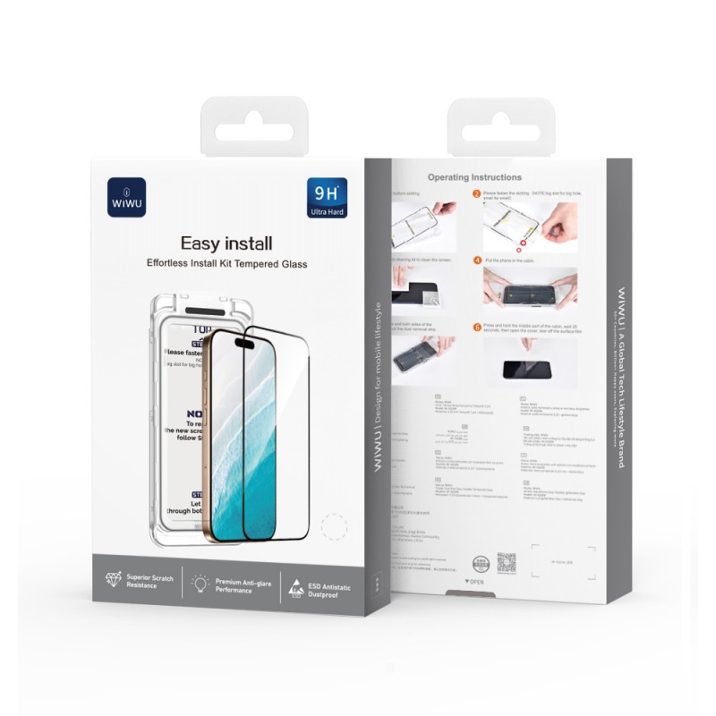 Bal-z Apple iPhone 17 Pro Wiwu SQ-008 Oleofobik Easy Install Darbeye Karşı Dayanıklı Temperli Cam Ekran Koruyucu + Kolay Uygulama Aparatlı