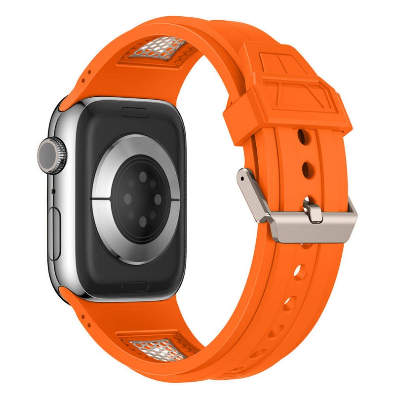 Bal-z Apple Watch 44mm Zore KRD-117 Hava Alabilen Delikli Metal Süslemeli Desenli Silikon Kordon