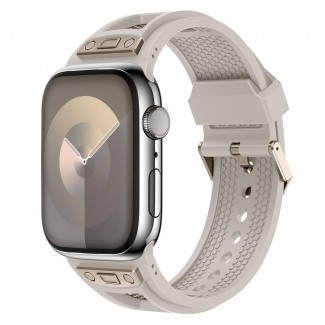 Apple Watch 44mm Zore KRD-117 Hava Alabilen Delikli Metal Süslemeli Desenli Silikon Kordon Apple Watch 44mm Zore KRD-117 Hava Alabilen Delikli Metal Süslemeli Desenli Silikon Kordon