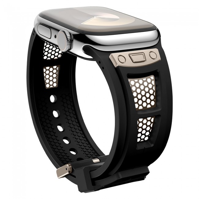 Apple Watch 7 45mm Zore KRD-117 Hava Alabilen Delikli Metal Süslemeli Desenli Silikon Kordon Apple Watch 7 45mm Zore KRD-117 Hava Alabilen Delikli Metal Süslemeli Desenli Silikon Kordon
