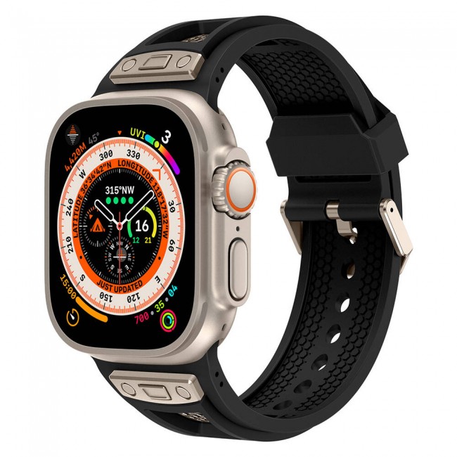 Apple Watch Ultra 49mm Zore KRD-117 Hava Alabilen Delikli Metal Süslemeli Desenli Silikon Kordon Apple Watch Ultra 49mm Zore KRD-117 Hava Alabilen Delikli Metal Süslemeli Desenli Silikon Kordon