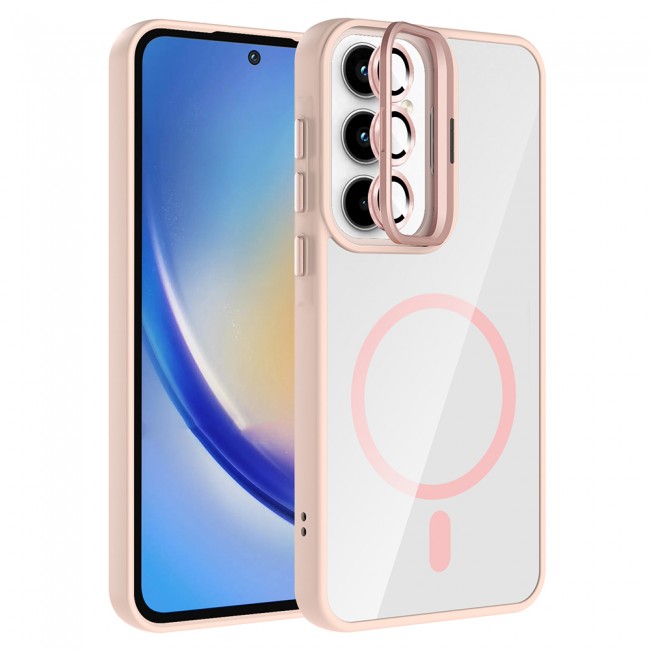 Galaxy A55 Kılıf Standlı ve Kamera Lens Hediyeli M-Safe Şarj Özellikli Zore Etro Kapak