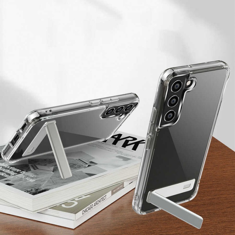Bal-z Galaxy S21 FE Kılıf Standlı Şeffaf Silikon  L-Stand Kapak