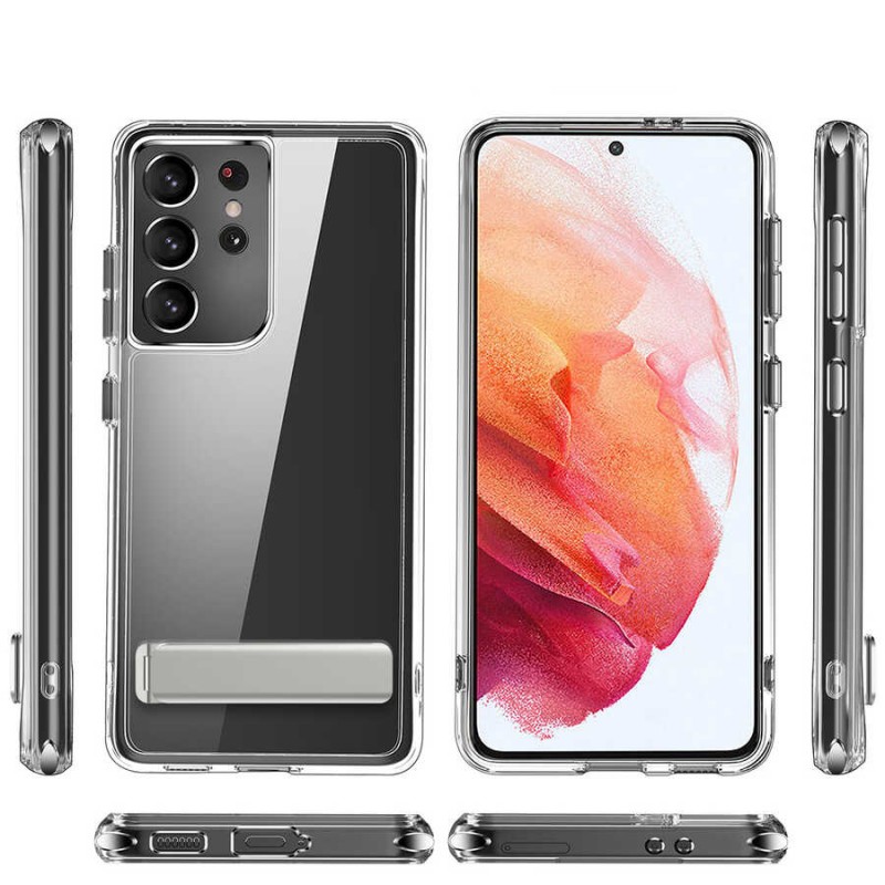 Bal-z Galaxy S21 Ultra Kılıf Standlı Şeffaf Silikon  L-Stand Kapak