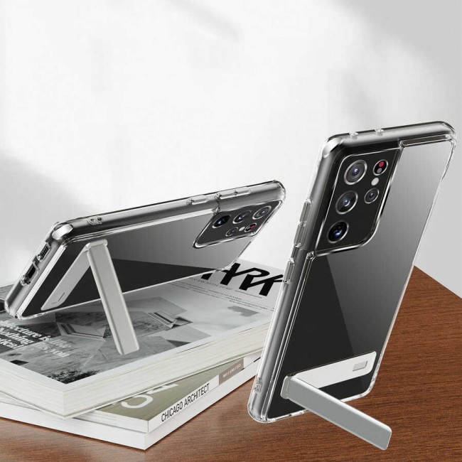 Galaxy S21 Ultra Kılıf Standlı Şeffaf Silikon Zore L-Stand Kapak Galaxy S21 Ultra Kılıf Standlı Şeffaf Silikon Zore L-Stand Kapak