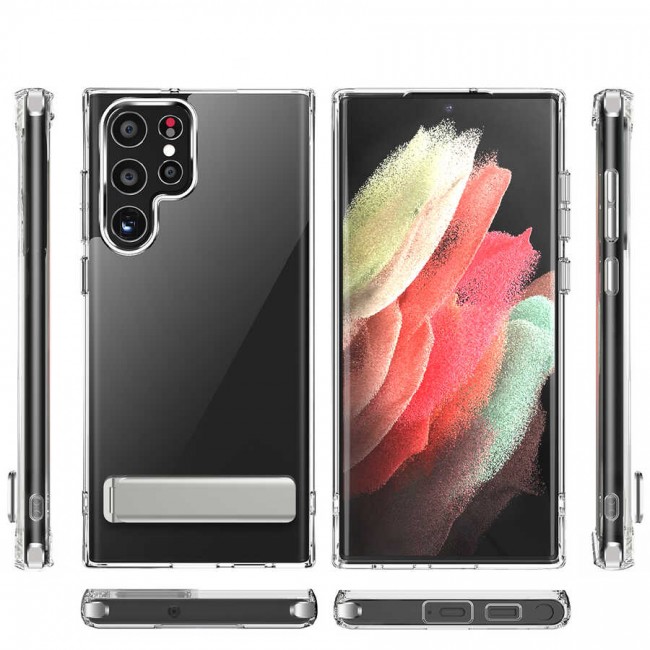 Galaxy S22 Ultra Kılıf Standlı Şeffaf Silikon Zore L-Stand Kapak Galaxy S22 Ultra Kılıf Standlı Şeffaf Silikon Zore L-Stand Kapak