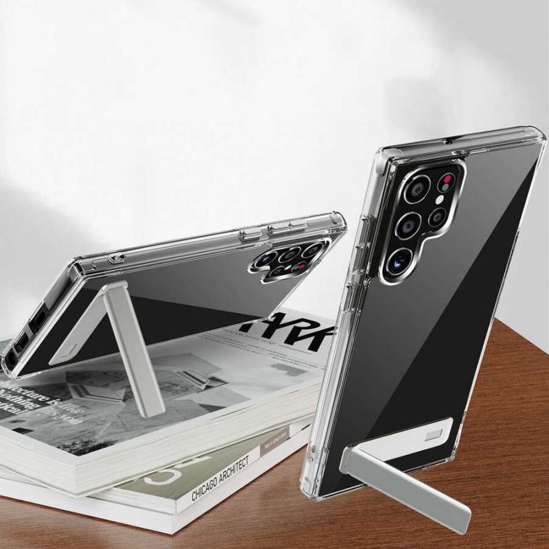 Bal-z Galaxy S22 Ultra Kılıf Standlı Şeffaf Silikon  L-Stand Kapak