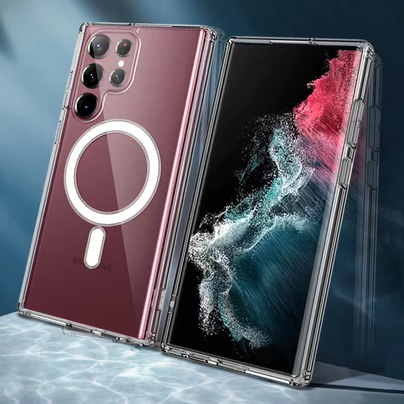 Bal-z Galaxy S22 Ultra Kılıf  M-safe Şarj Özellikli Şeffaf Sert PC  Embos Kapak