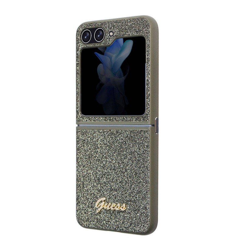Bal-z Galaxy Z Flip 5 Kılıf Guess Orjinal Lisanslı Yazı Logolu Glitter Flakes Kapak