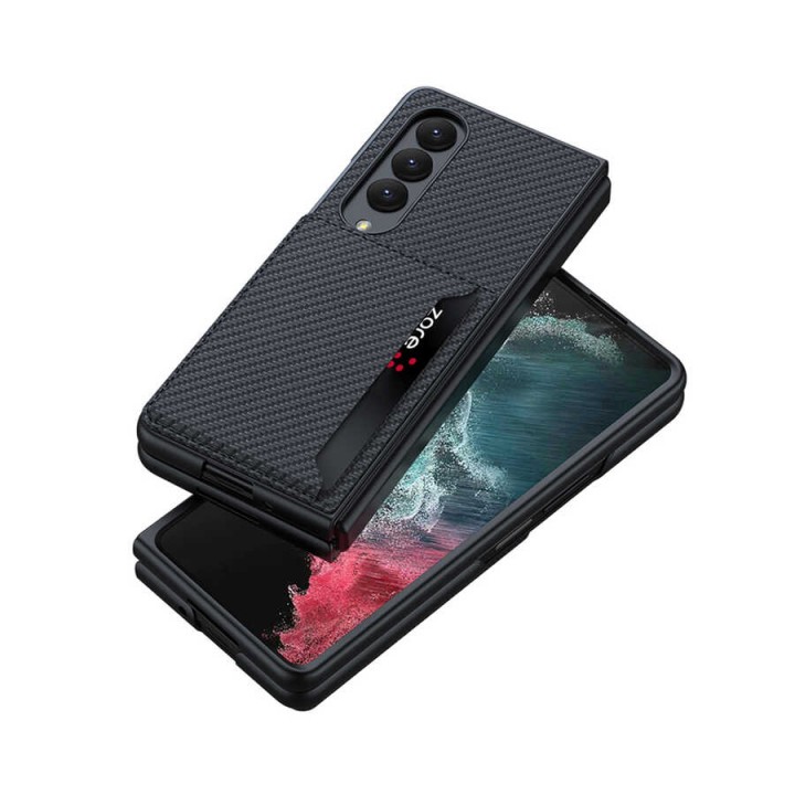 Galaxy Z Fold 4 Kılıf Karbonfiber Arka Yüzey Zore Kartlıklı Kıpta Silikon Kapak