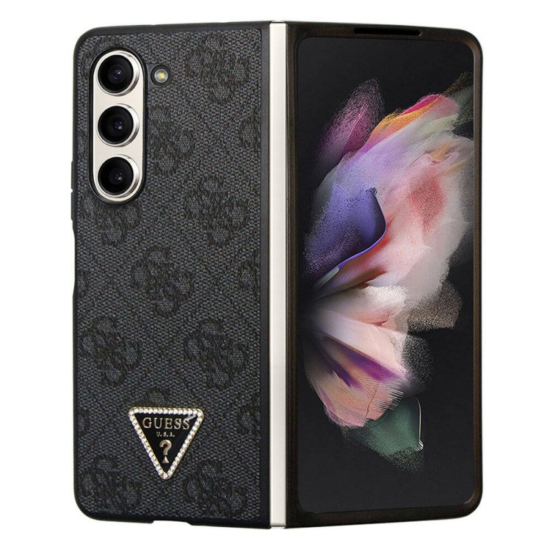 Bal-z Galaxy Z Fold 5 Kılıf Guess Orjinal Lisanslı PU Deri Taşlı Üçgen Logo 4G Desenli Strass Kapak