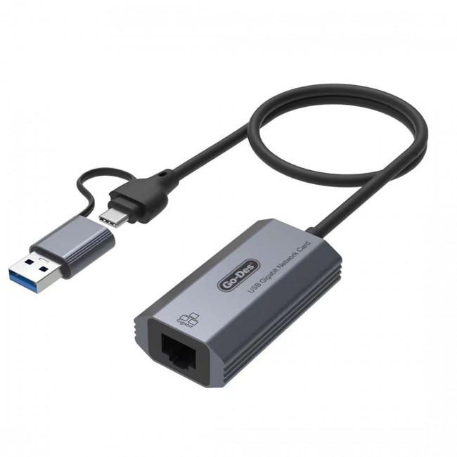 Go Des GD-6836 RJ45 to Type-C ve USB-A Gigabit Ethernet Dönüştürücü Kablo 1000Mbps 50cm Go Des GD-6836 RJ45 to Type-C ve USB-A Gigabit Ethernet Dönüştürücü Kablo 1000Mbps 50cm