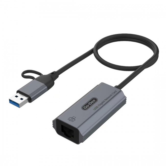 Go Des GD-6836 RJ45 to Type-C ve USB-A Gigabit Ethernet Dönüştürücü Kablo 1000Mbps 50cm Go Des GD-6836 RJ45 to Type-C ve USB-A Gigabit Ethernet Dönüştürücü Kablo 1000Mbps 50cm