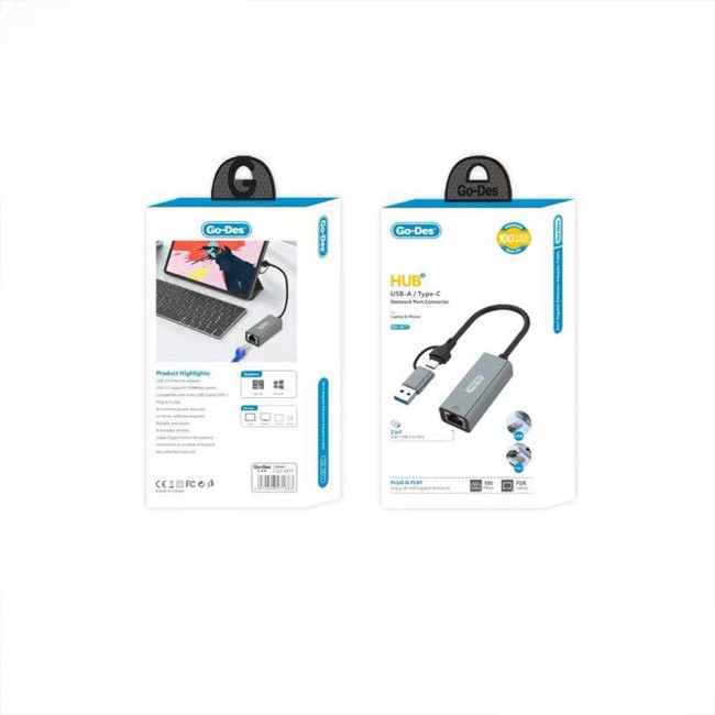 Go Des GD-6871 RJ45 Type-C ve USB-A Ethernet Dönüştürücü Kablo 100Mbps Go Des GD-6871 RJ45 Type-C ve USB-A Ethernet Dönüştürücü Kablo 100Mbps