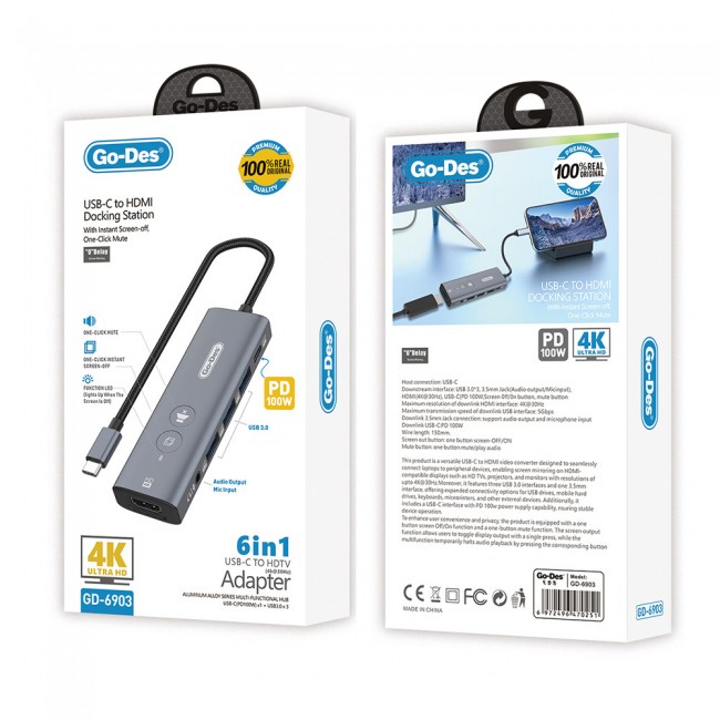 Go Des GD-6903 Type-C Bağlantılı 6in1 Hub Adaptör USB3.0/Hdmi/PD 100W/3.5mm/4K Ultra HD 30hz/5Gbps Go Des GD-6903 Type-C Bağlantılı 6in1 Hub Adaptör USB3.0/Hdmi/PD 100W/3.5mm/4K Ultra HD 30hz/5Gbps