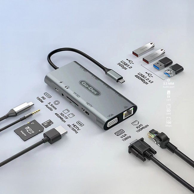 Go Des GD-6907 11 in 1 Type-C Hub SD Kart-RJ45-HDMI-VGA-Usb Çoğaltıcı Go Des GD-6907 11 in 1 Type-C Hub SD Kart-RJ45-HDMI-VGA-Usb Çoğaltıcı