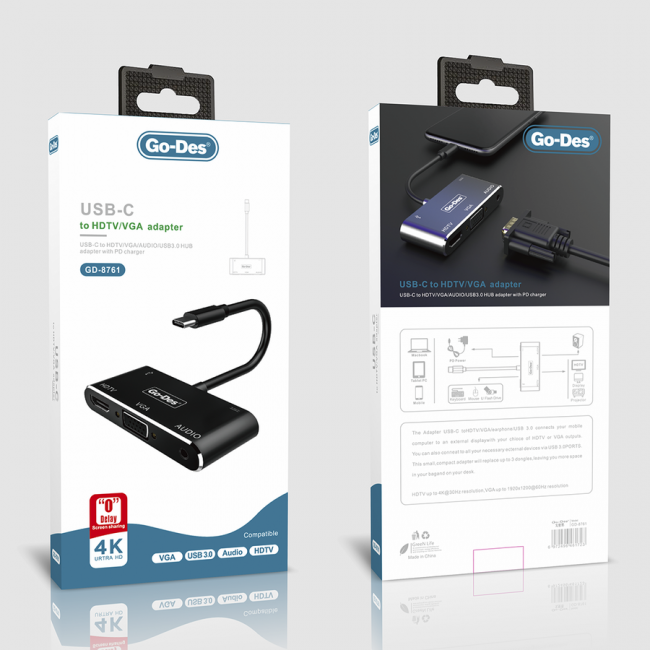 Go Des GD-8761 Usb-C To HDTV-VGA Adaptör Go Des GD-8761 Usb-C To HDTV-VGA Adaptör
