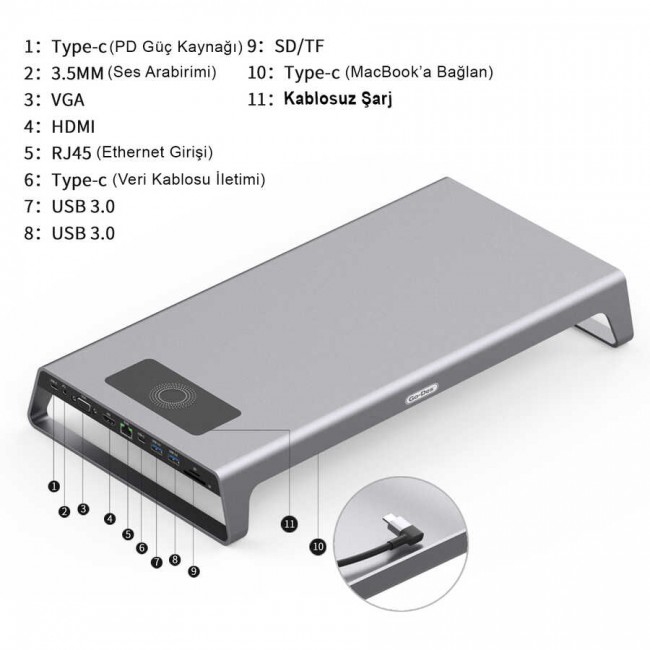 Go Des GD-9128 Hub ve Kablosuz Şarj Destekli Laptop Standı Docking Station Stand Go Des GD-9128 Hub ve Kablosuz Şarj Destekli Laptop Standı Docking Station Stand