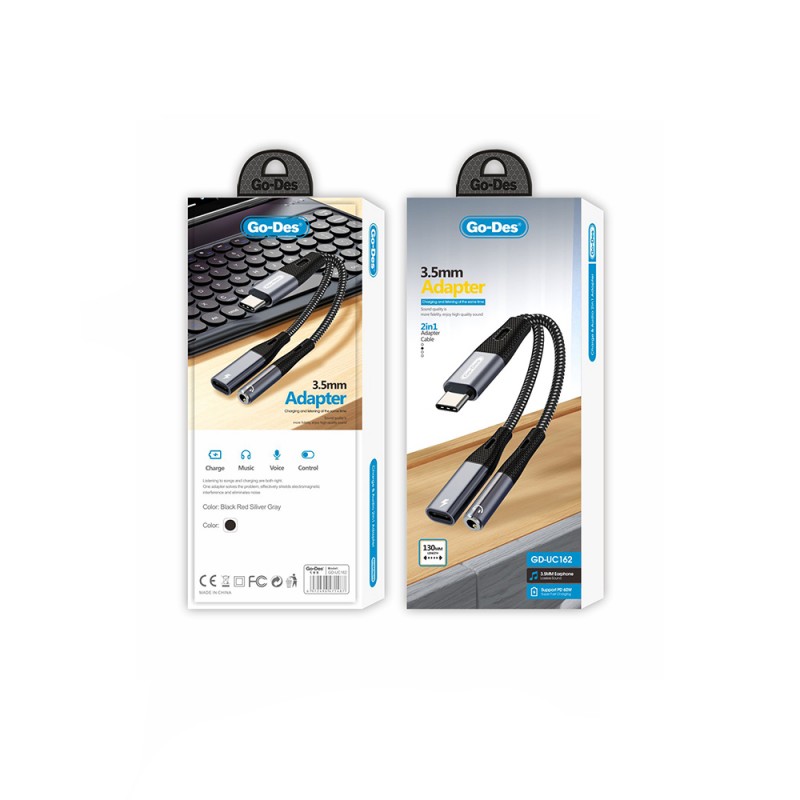 Bal-z Go Des GD-UC162 3.5mm Jack Girişli Type-C 2in1 Şarj ve Ses Kablosu