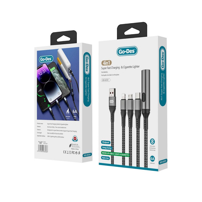 Bal-z Go Des GD-UC321 4in1 Lightning – Type-C – Micro USB Ultra Hızlı Şarj Kablosu + Çakmak