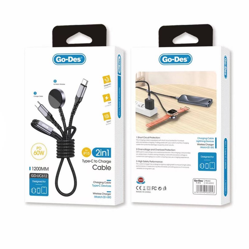 Bal-z Go Des GD-UC612 2in1 iOS Watch Uyumlu Wireless Type-C PD Hızlı Şarj Kablosu 60W 1.2M