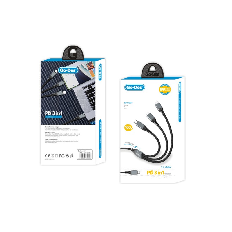 Bal-z Go-Des GD-UC617 3in1 Type-C to Lightning – Type-C – Type-C Ultra Hızlı PD Şarj Kablosu 100W 1.2M