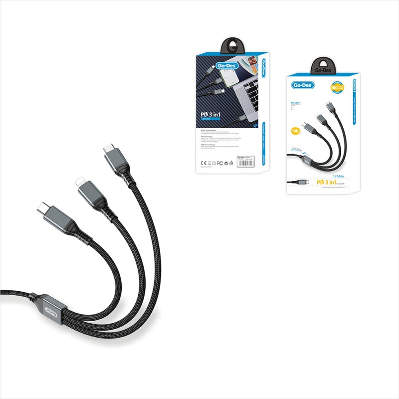 Bal-z Go-Des GD-UC617 3in1 Type-C to Lightning – Type-C – Type-C Ultra Hızlı PD Şarj Kablosu 100W 1.2M