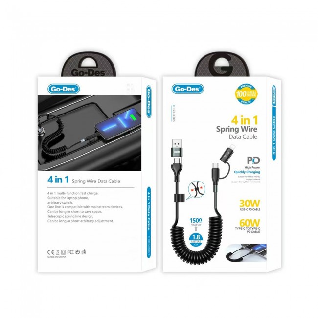 Go Des GD-UC805 4in1 Type-C+USB-A to Type-C+Lightning Sarmal PD Şarj ve Data Kablosu 60W 1.8M Go Des GD-UC805 4in1 Type-C+USB-A to Type-C+Lightning Sarmal PD Şarj ve Data Kablosu 60W 1.8M