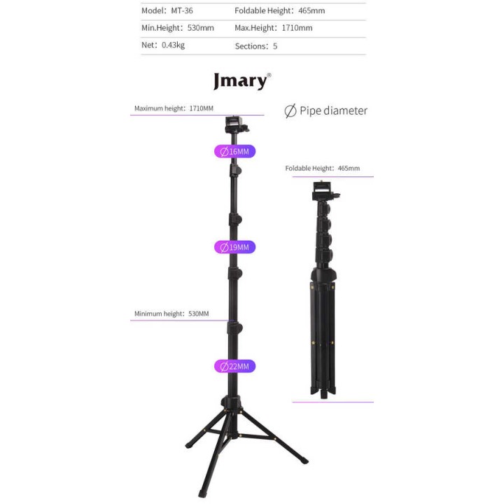 Jmary MT-36 Tripod 171 cm 360 Derece Dönebilen Başlık 4 Kademeli Yükselik Ayarı