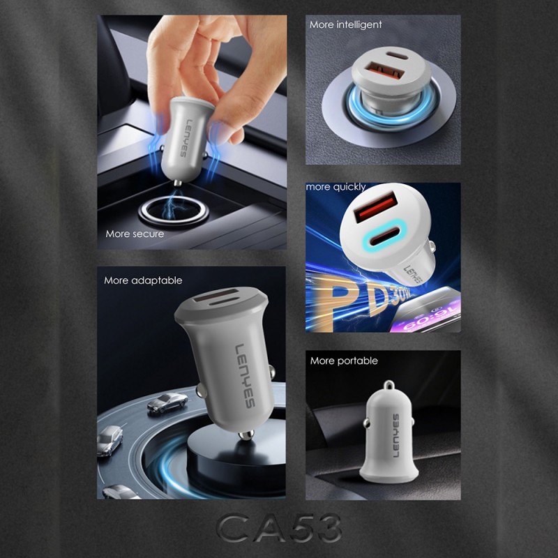 Bal-z Lenyes CA53 Hızlı Şarj Özellikli Dual Type-C + USB-A Portlu Mini Araç Şarj Aleti 30W