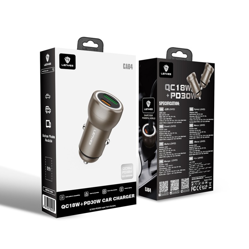 Bal-z Lenyes CA64 Hızlı Şarj Özellikli Dual USB-A + Type-C Portlu PD Araç Şarj Aleti 30W