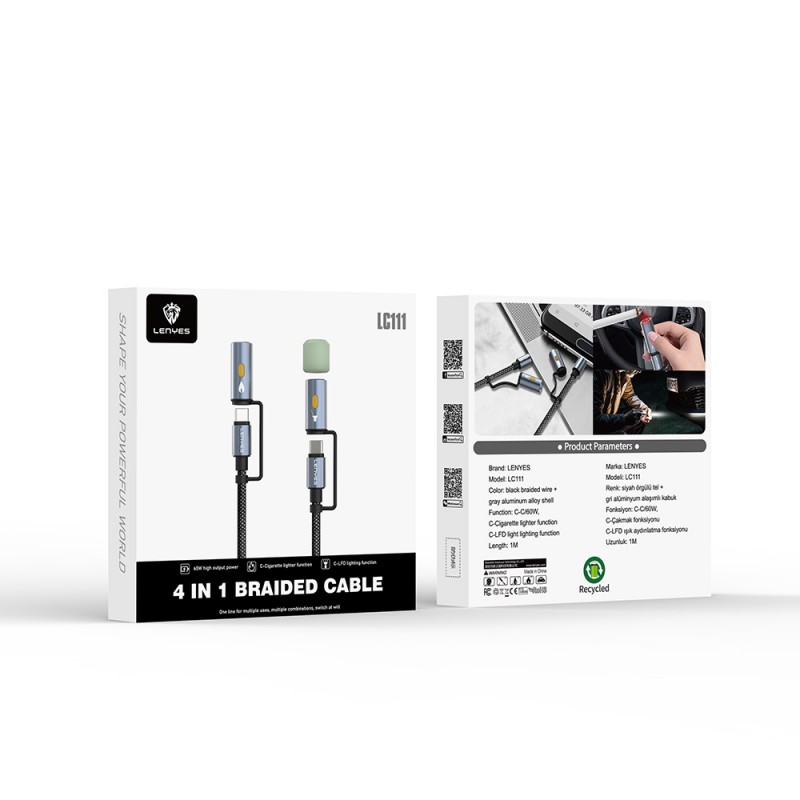 Bal-z Lenyes LC111 Çoklu Şarj Kablolu Fener Ve Çakmaklık Özellikli 4in1 Kablo 60W 1M
