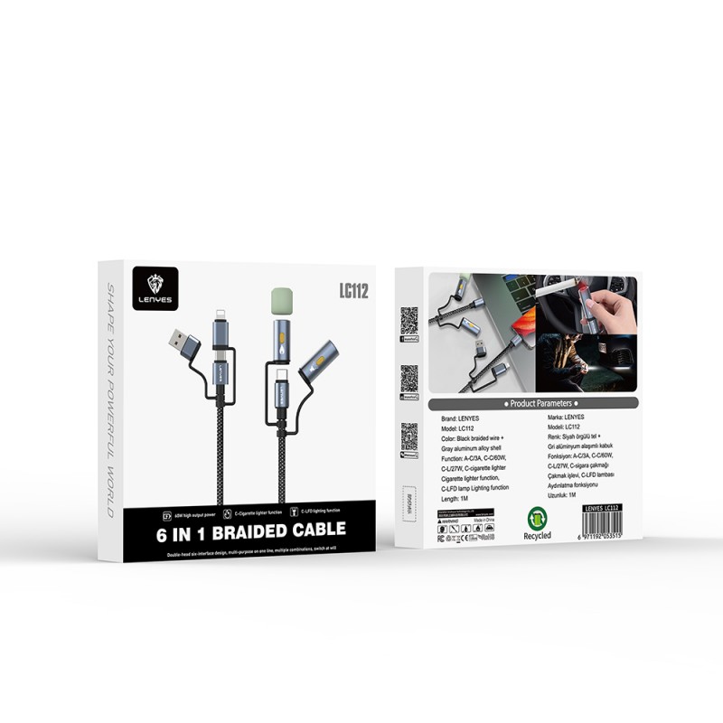 Bal-z Lenyes LC112 Çoklu Şarj Kablolu Fener Ve Çakmaklık Özellikli 6in1 Kablo 240W 1M